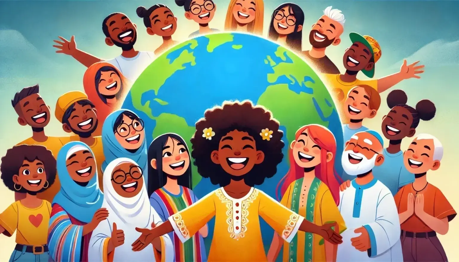 Illustration de personnes heureux autours du monde globe.