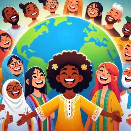 Illustration de personnes heureux autours du monde globe.